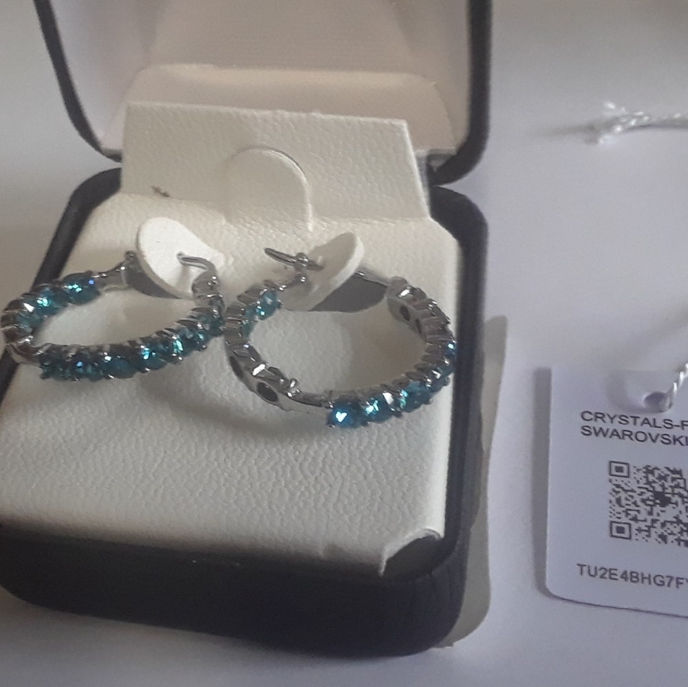 Swarovski Blue Emerald Crystal Hoop Earrings.